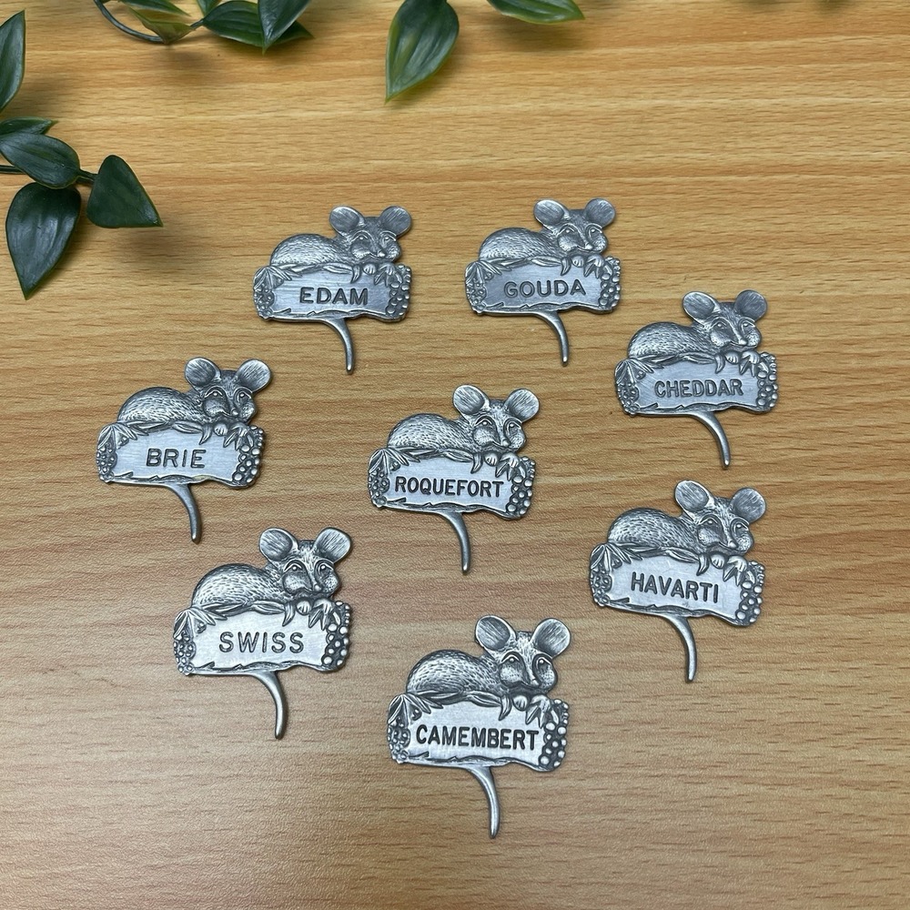 Vintage Pewter Mouse Cheese Markers Set of 8 Mid Century Charcuterie Board Picks